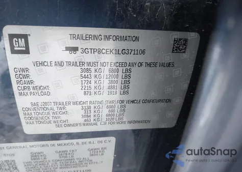 2020 GMC Sierra 1500 2Wd Short Box Elevation z USA, uszkodzony, nr VIN 3GTP8CEK1LG371106